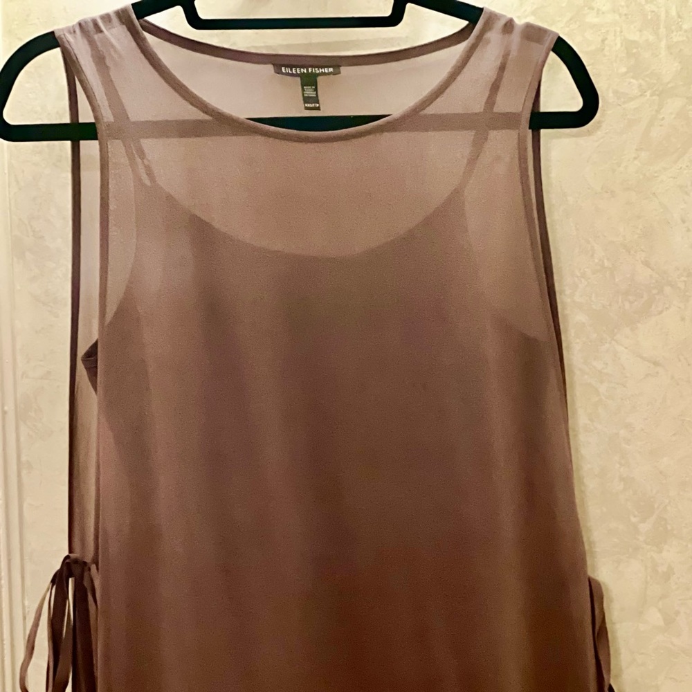Beautiful mocha Eileen Fisher sheer silk tank tunic with side ties and slip top